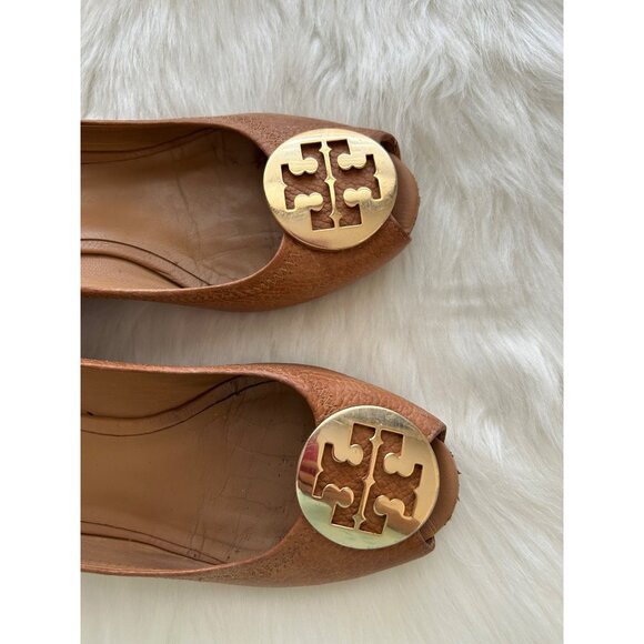 Tory Burch Women's SZ 8 Sally 2 peep toes wedge tan brown - Picture 2 of 10